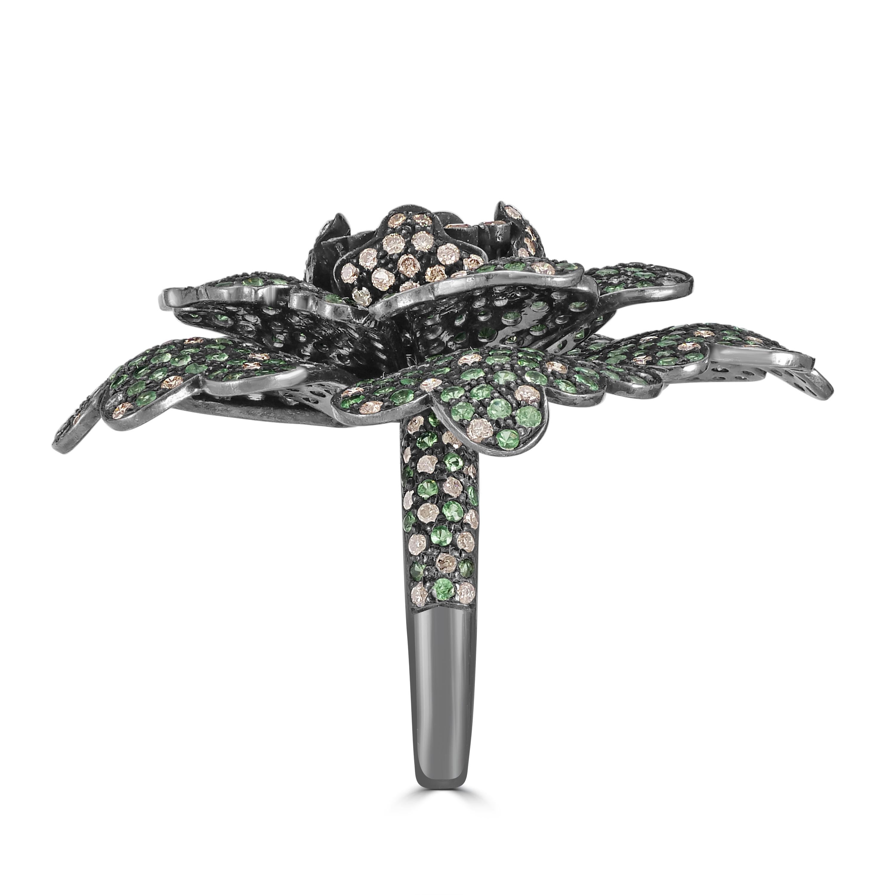 Round Cut Victorian 10.8 Cts. Natural Tanzanite/Tsavorite/Diamond Ring Size 7 in 18K/SS For Sale
