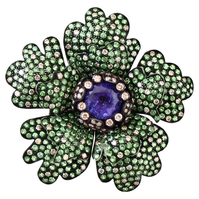 Victorian 10.8 Cts. Tanzanite, Tsavorite and Diamond Floral Ring in 18K/925 Gold