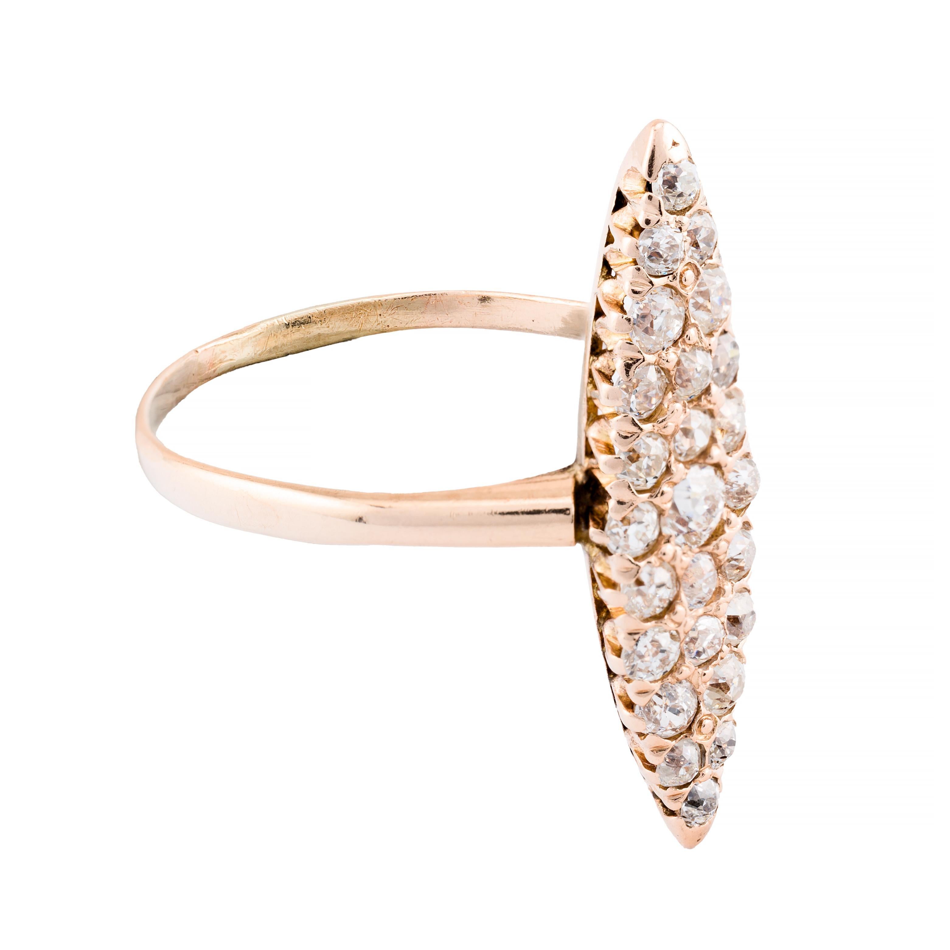 Aston Estate Jewelry Presents:

A stunning Victorian ring adorned with a total of 1.08 carats of old mine cut white diamonds.

The diamonds are beautifully set in a 14k yellow gold band, creating a striking contrast.

The ring is a size 8.75, with