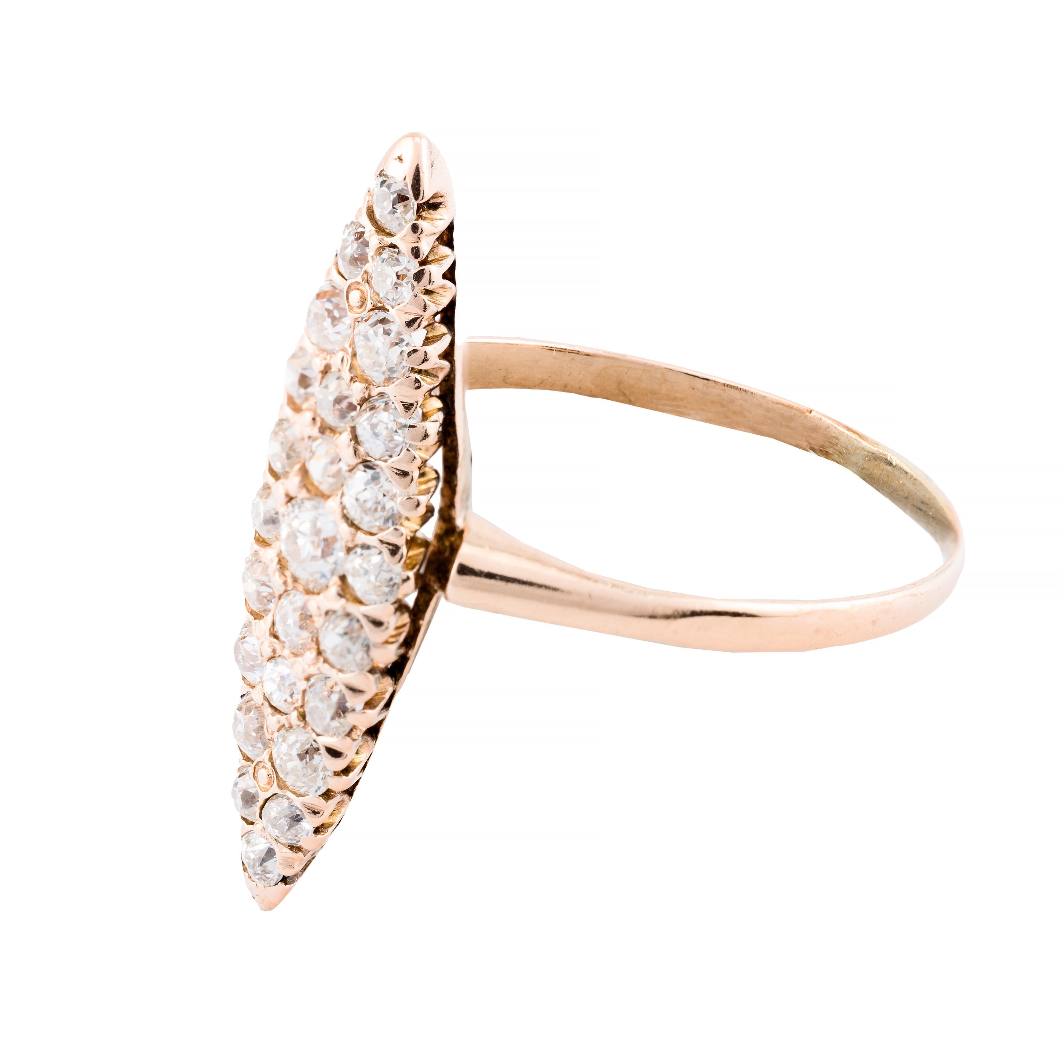 Victorian 1.08ctw Old Mine Cut Diamond Navette Ring in 14K Yellow Gold In Excellent Condition For Sale In Boston, MA