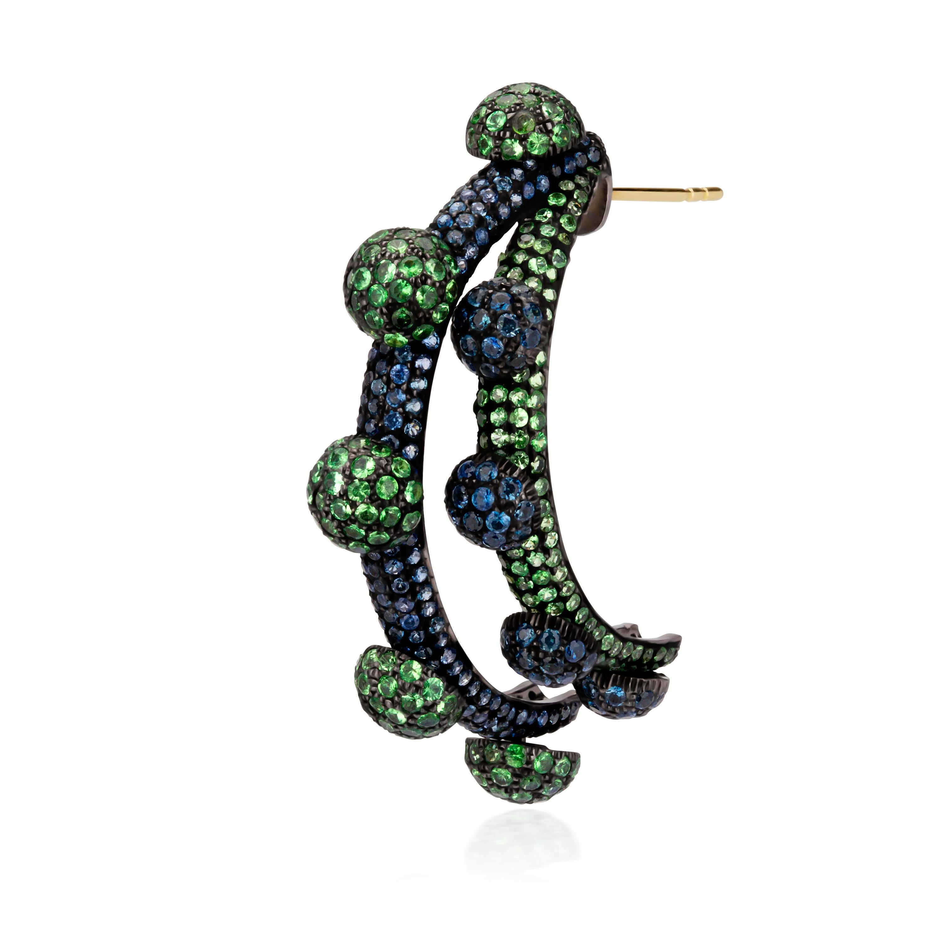 Women's Victorian 10.9cttw. Blue Sapphire and Tsavorite Victorian Half Hoop Earrings For Sale