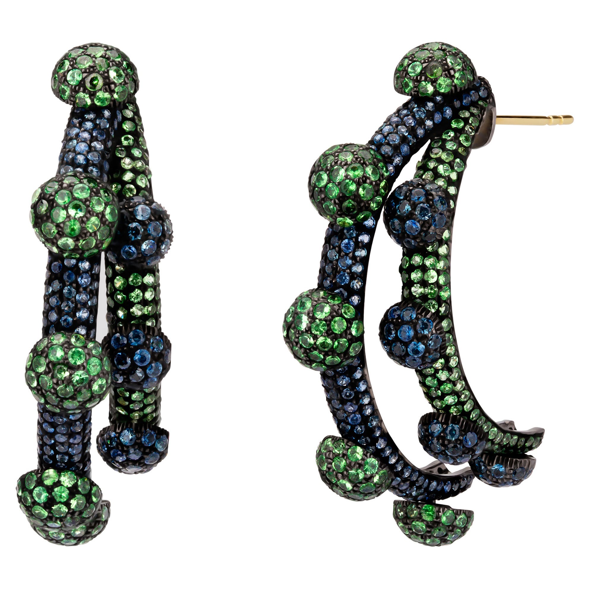 Victorian 10.9cttw. Blue Sapphire and Tsavorite Victorian Half Hoop Earrings For Sale
