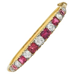 Victorian 10.90 CTW Diamond Tourmaline 14 Karat Yellow Gold Bangle Bracelet