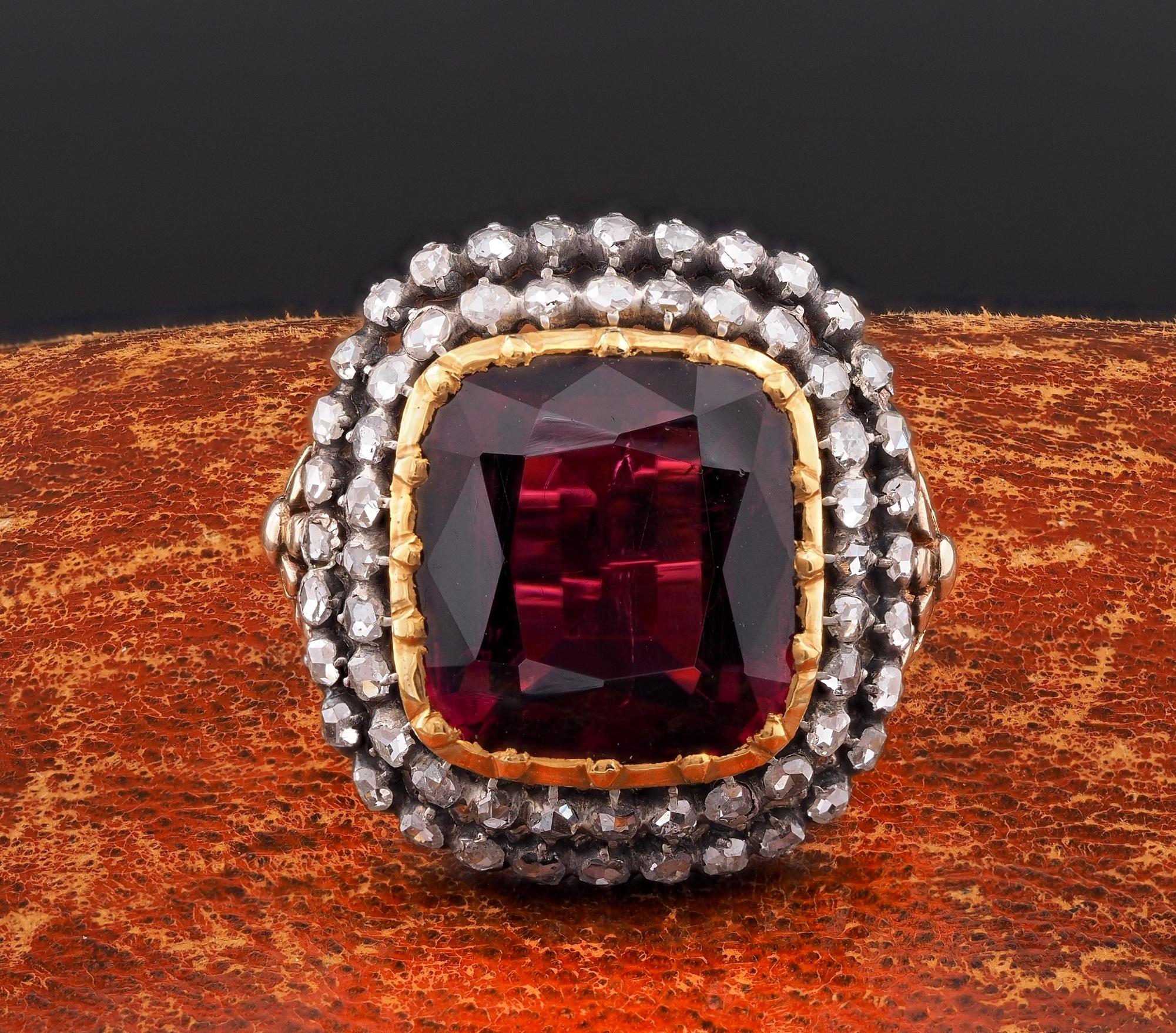 Antique Cushion Cut Victorian 10.95 CT Untreated Magenta Rubellite or Red Tourmaline Diamond Ring For Sale