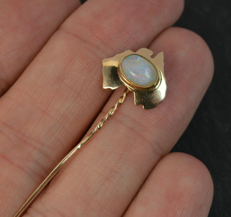 A beautiful Victorian period stick or tie pin. Solid 10 carat gold example.

​Australia shaped gold top with an oval opal to the centre, likely to be an Australian opal.

​47mm long, 13mm x 12mm head approx. 1.0 grams.


Condition ; Very good.