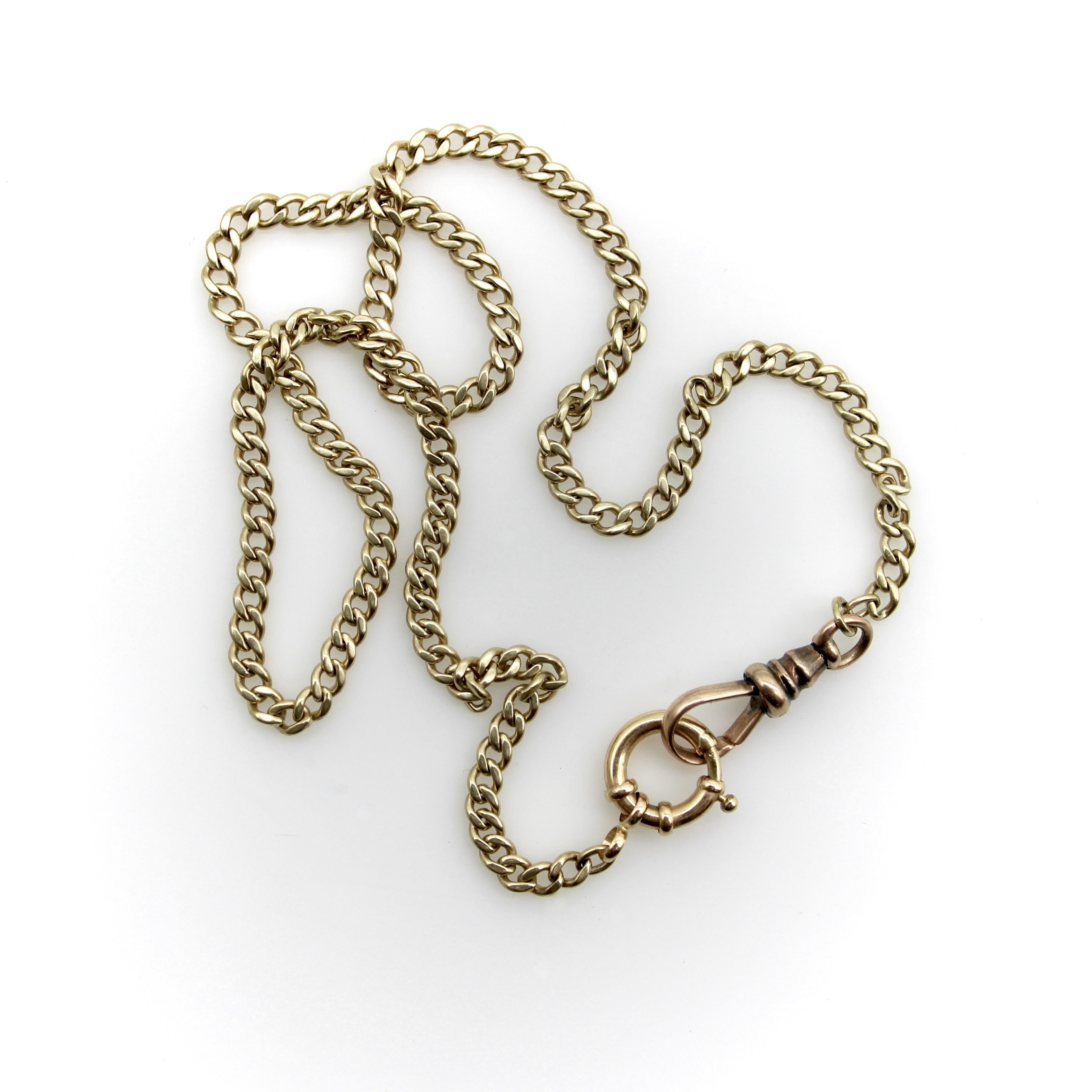 Victorian 10K Gold Curb Link with Dog Clip and Spring Ring Watch Chain In Good Condition For Sale In Venice, CA