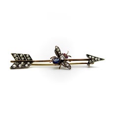 Victorian 10K Gold Diamond Ruby and Sapphire Fly and Arrow Brooch