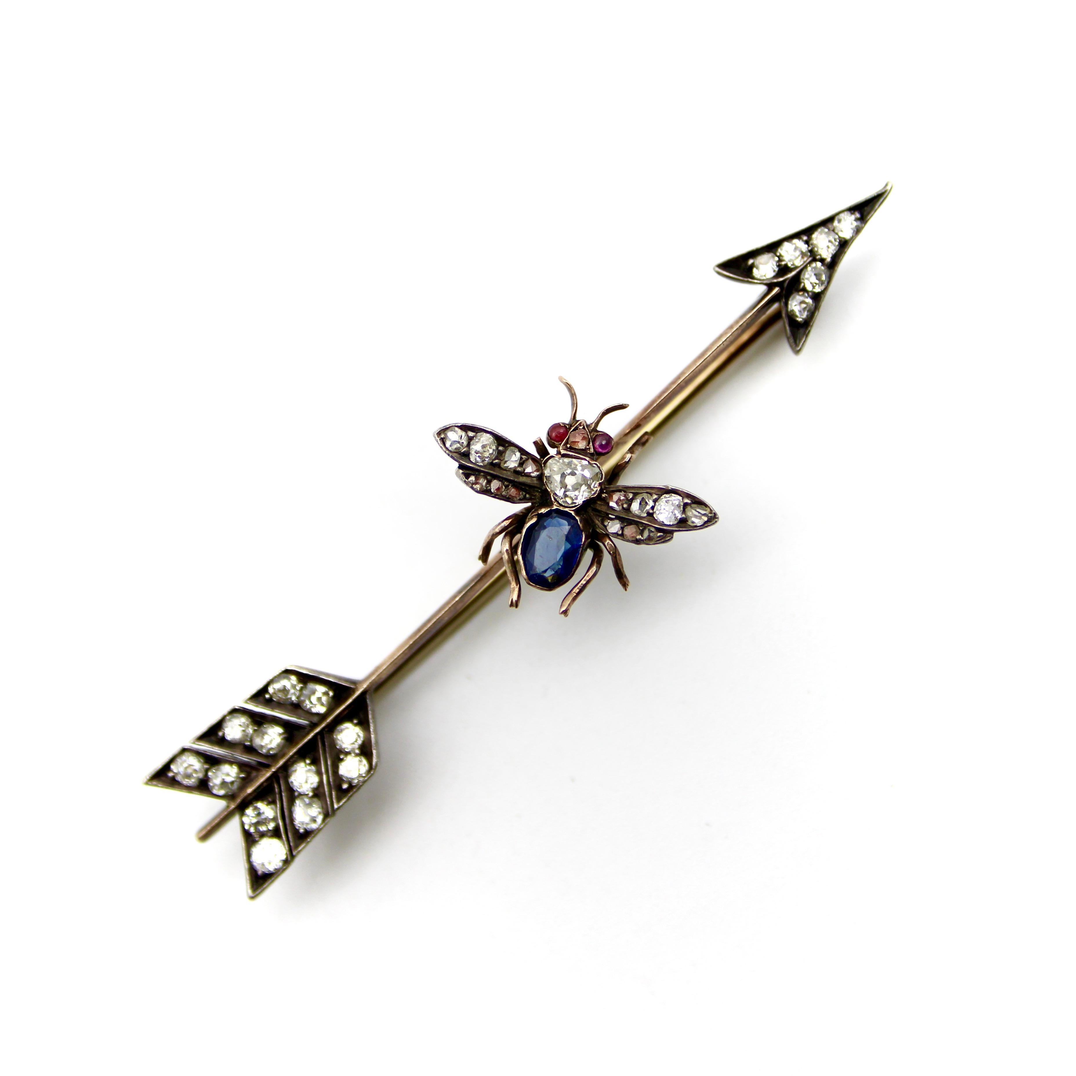 Old Mine Cut Victorian 10K Gold Diamond Ruby and Sapphire Fly and Arrow Brooch