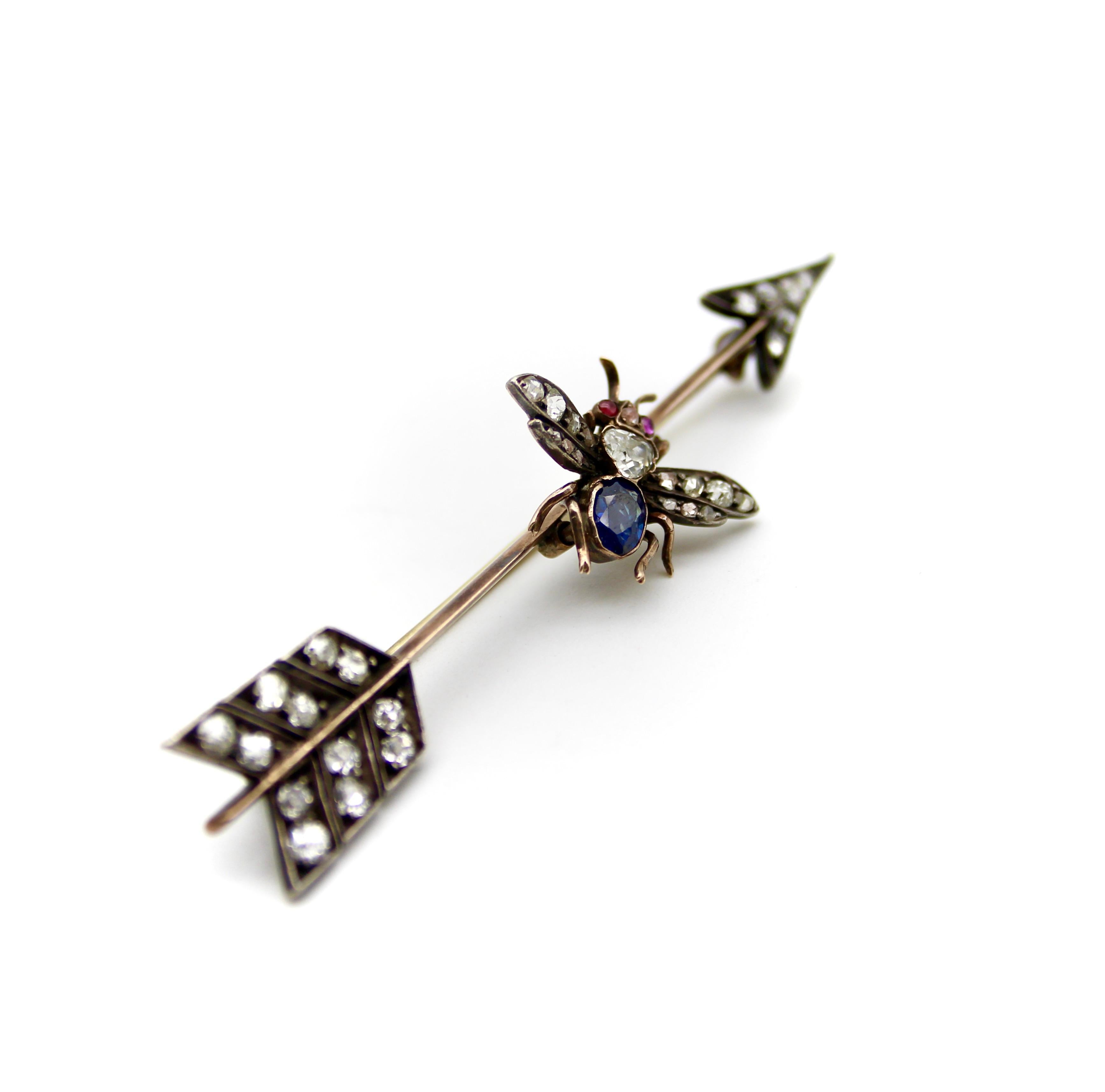 Victorian 10K Gold Diamond Ruby and Sapphire Fly and Arrow Brooch In Good Condition In Venice, CA