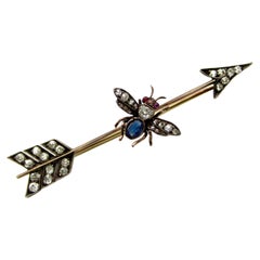 Victorian 10K Gold Diamond Ruby and Sapphire Fly and Arrow Brooch