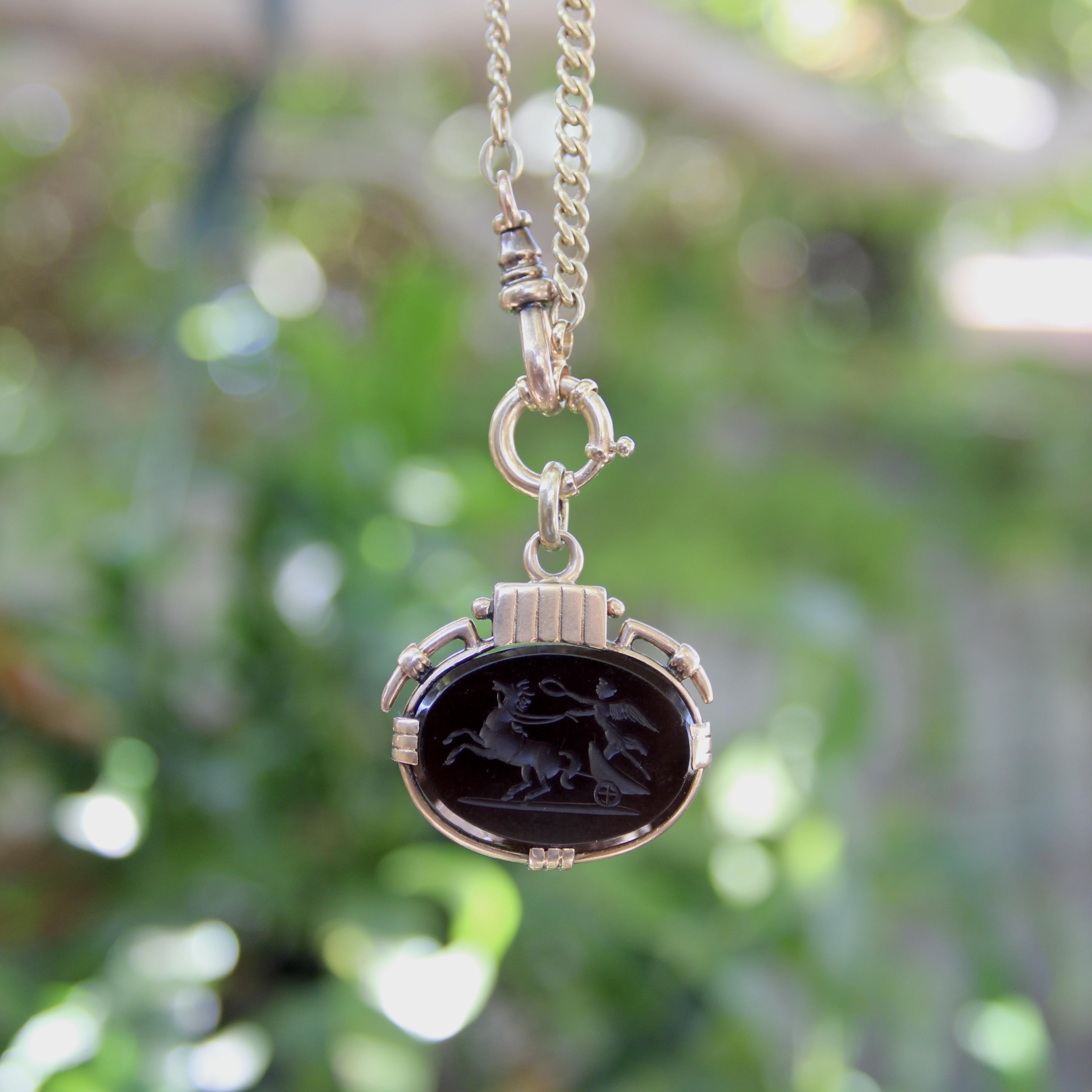 Victorian 10K Gold Onyx Intaglio Fob of Nike For Sale 5