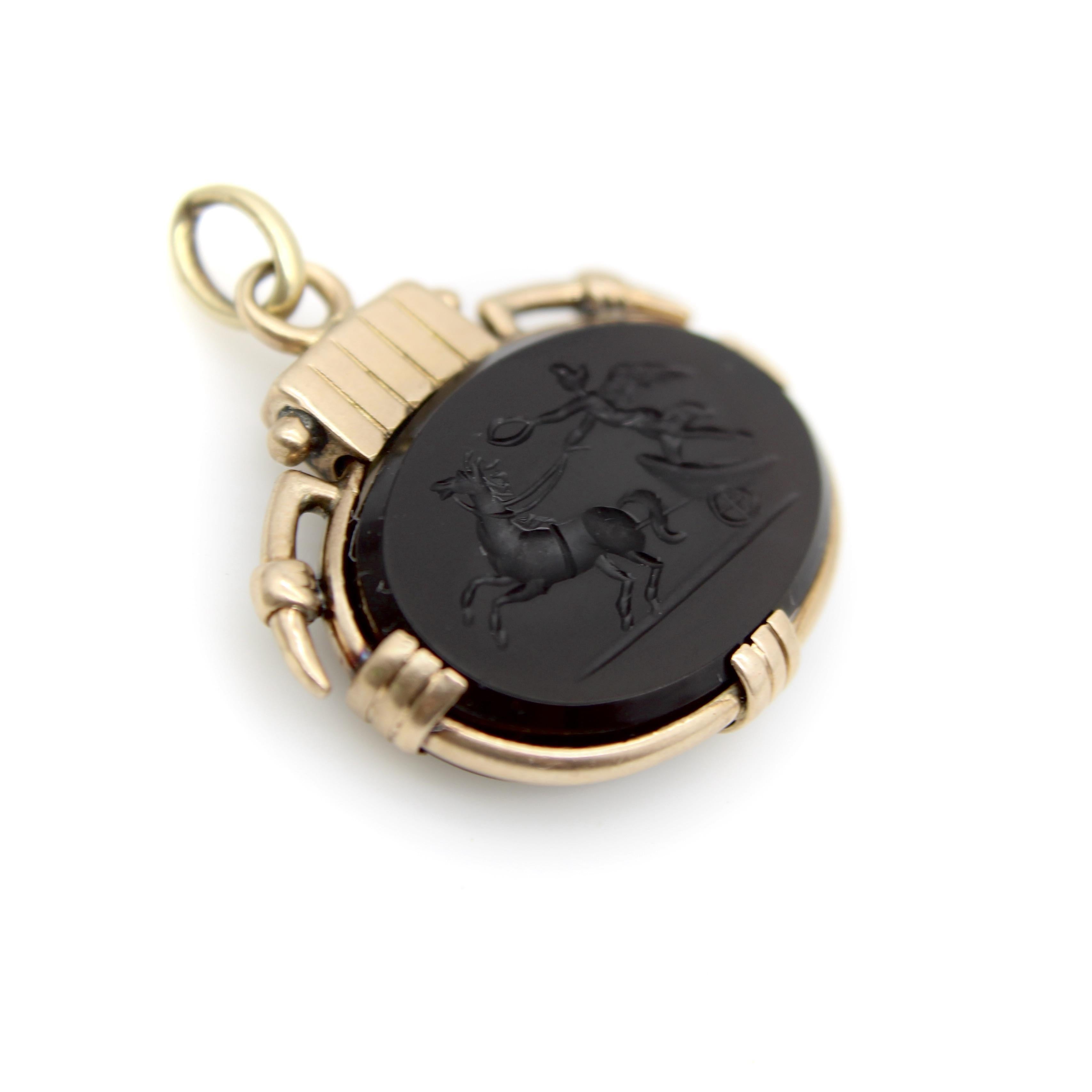 Victorian 10K Gold Onyx Intaglio Fob of Nike In Good Condition For Sale In Venice, CA