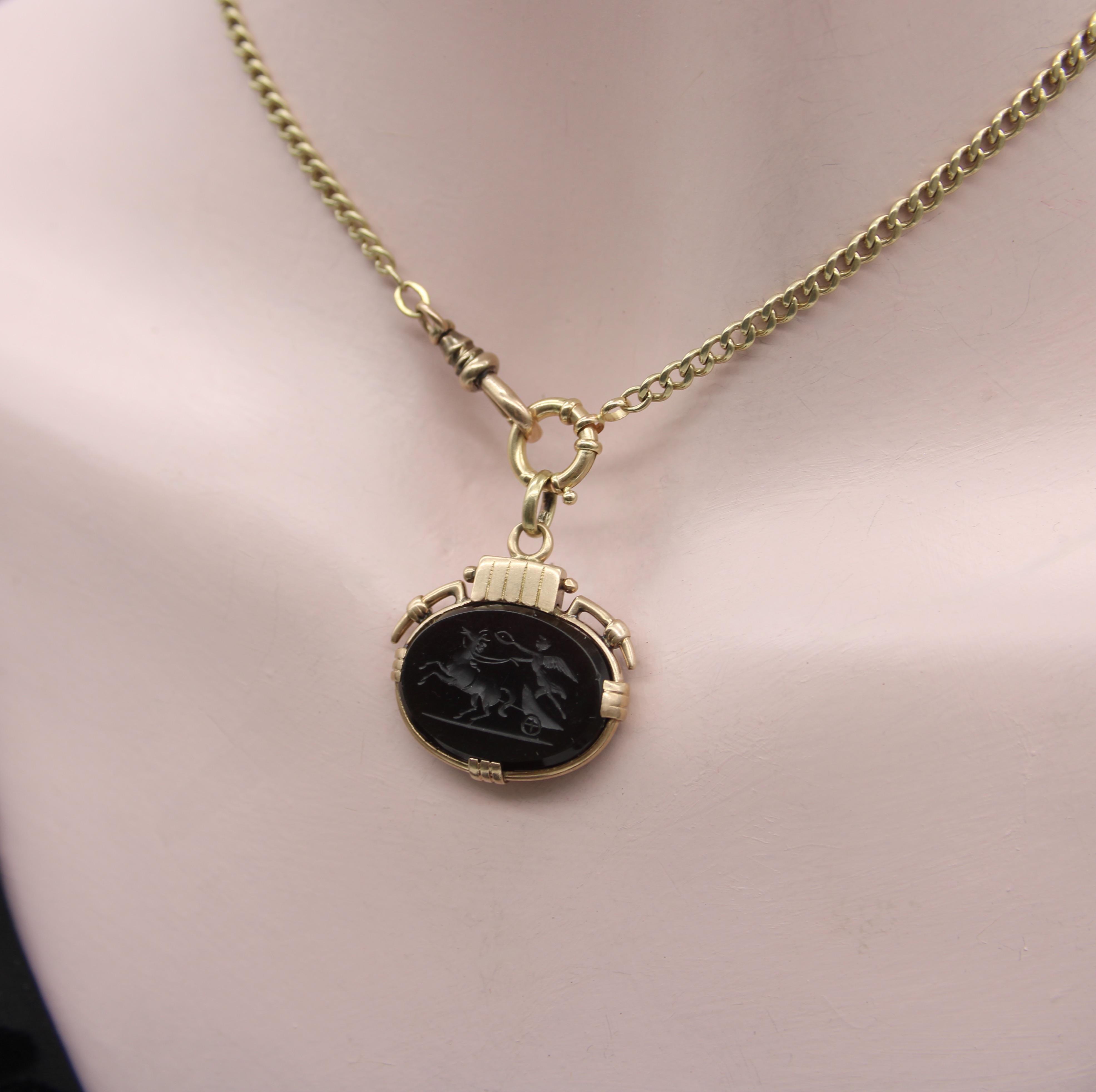 Victorian 10K Gold Onyx Intaglio Fob of Nike For Sale 4