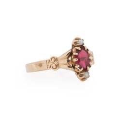 Victorian 10K Gold Red Doublet and Seed Pearl Navette Shape Antique Fashion Ring