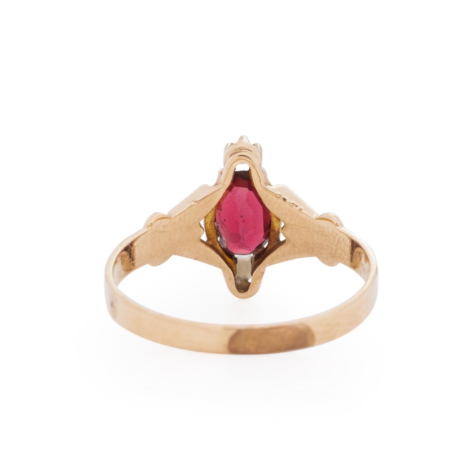 Round Cut Victorian 10K Gold Red Doublet and Seed Pearl Navette Shape Antique Fashion Ring