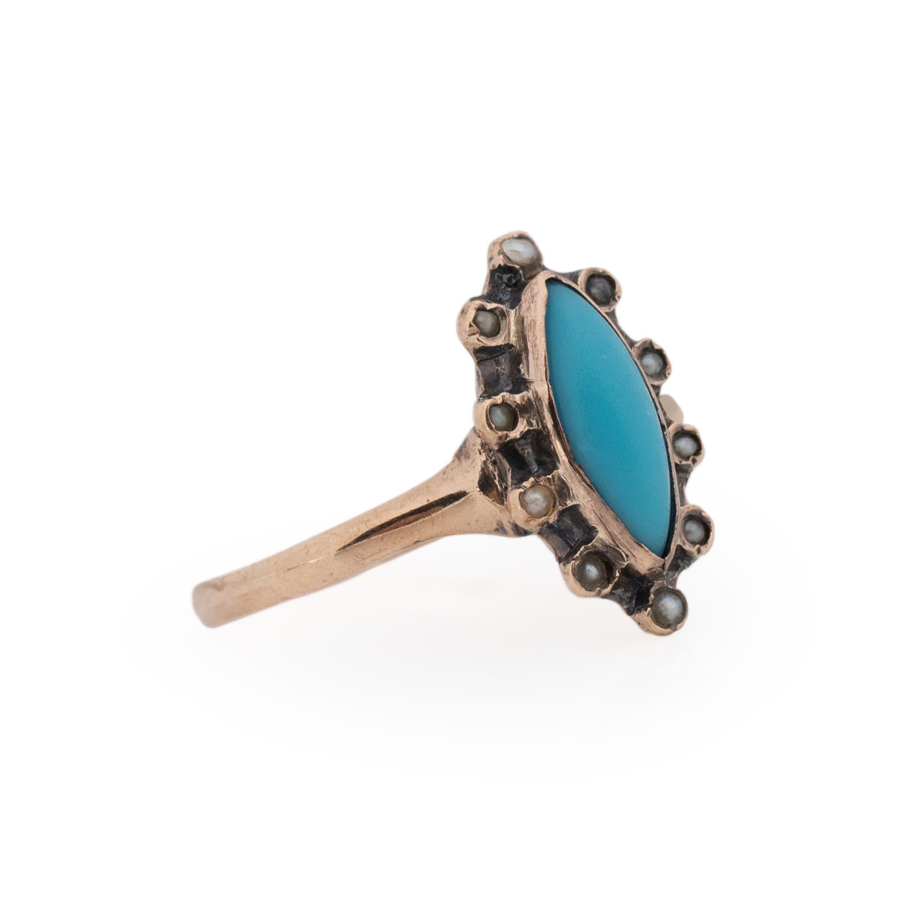 Victorien Bague victorienne en or 10 carats de style Navette avec marque de turquoise et perles de rocaille