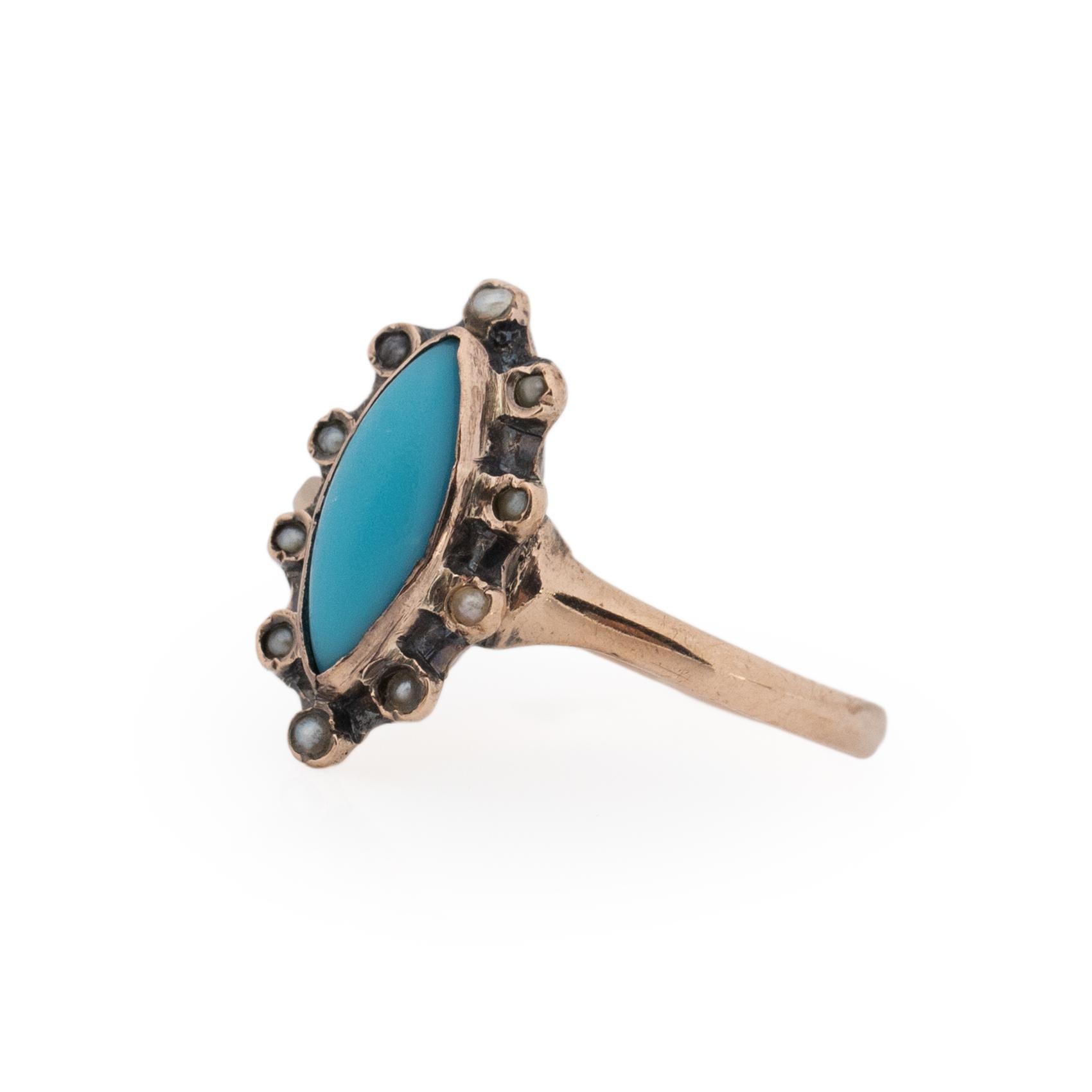 Bague victorienne en or 10 carats de style Navette avec marque de turquoise et perles de rocaille Bon état à Addison, TX