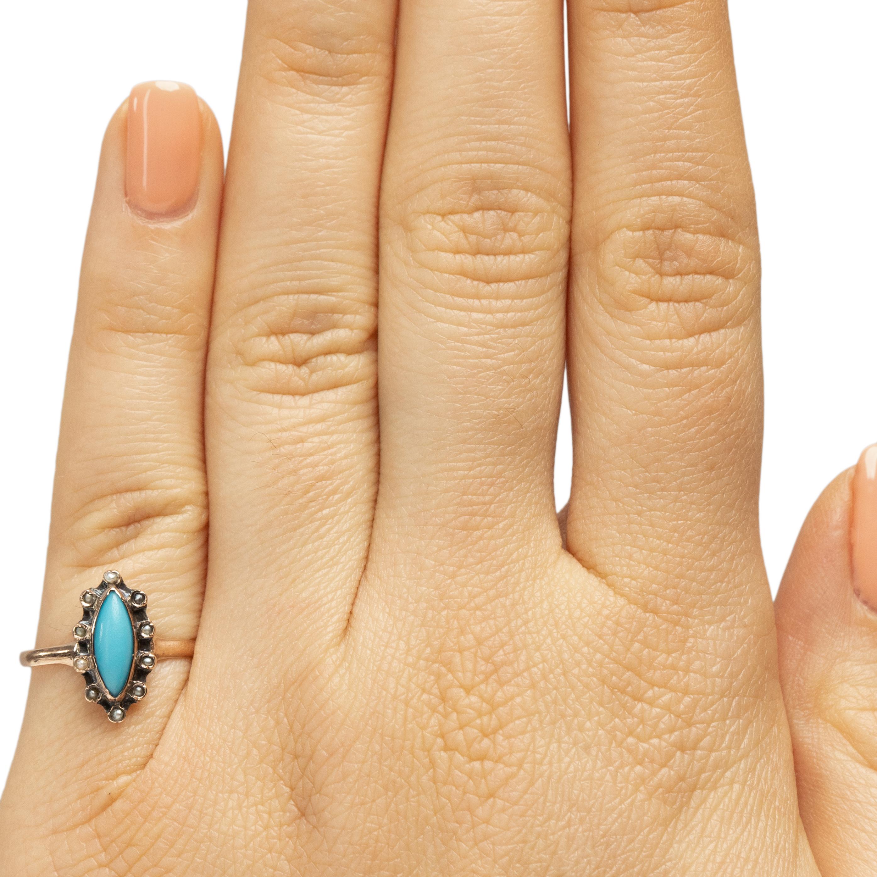  Bague victorienne en or 10 carats de style Navette avec marque de turquoise et perles de rocaille Unisexe 