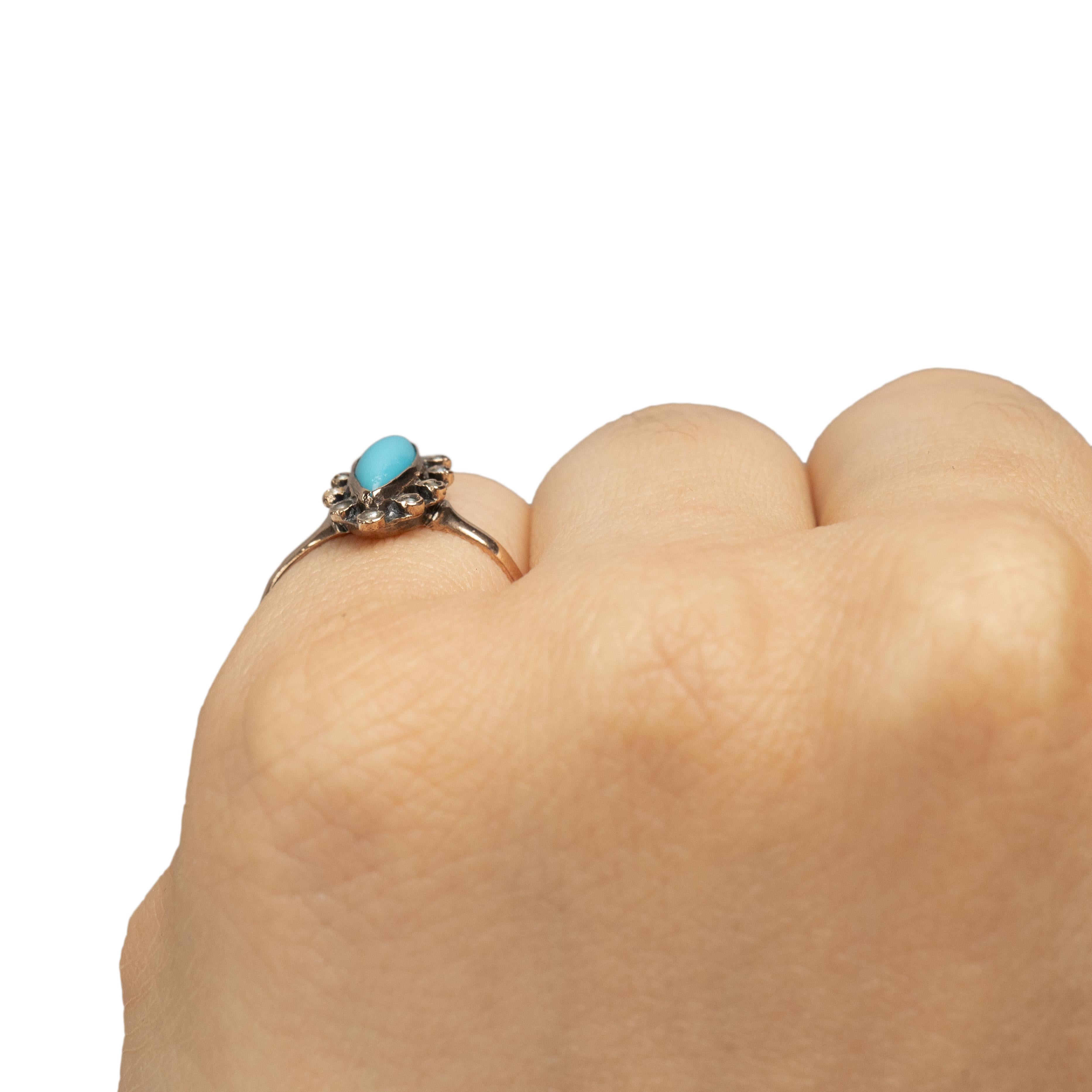 Bague victorienne en or 10 carats de style Navette avec marque de turquoise et perles de rocaille 2