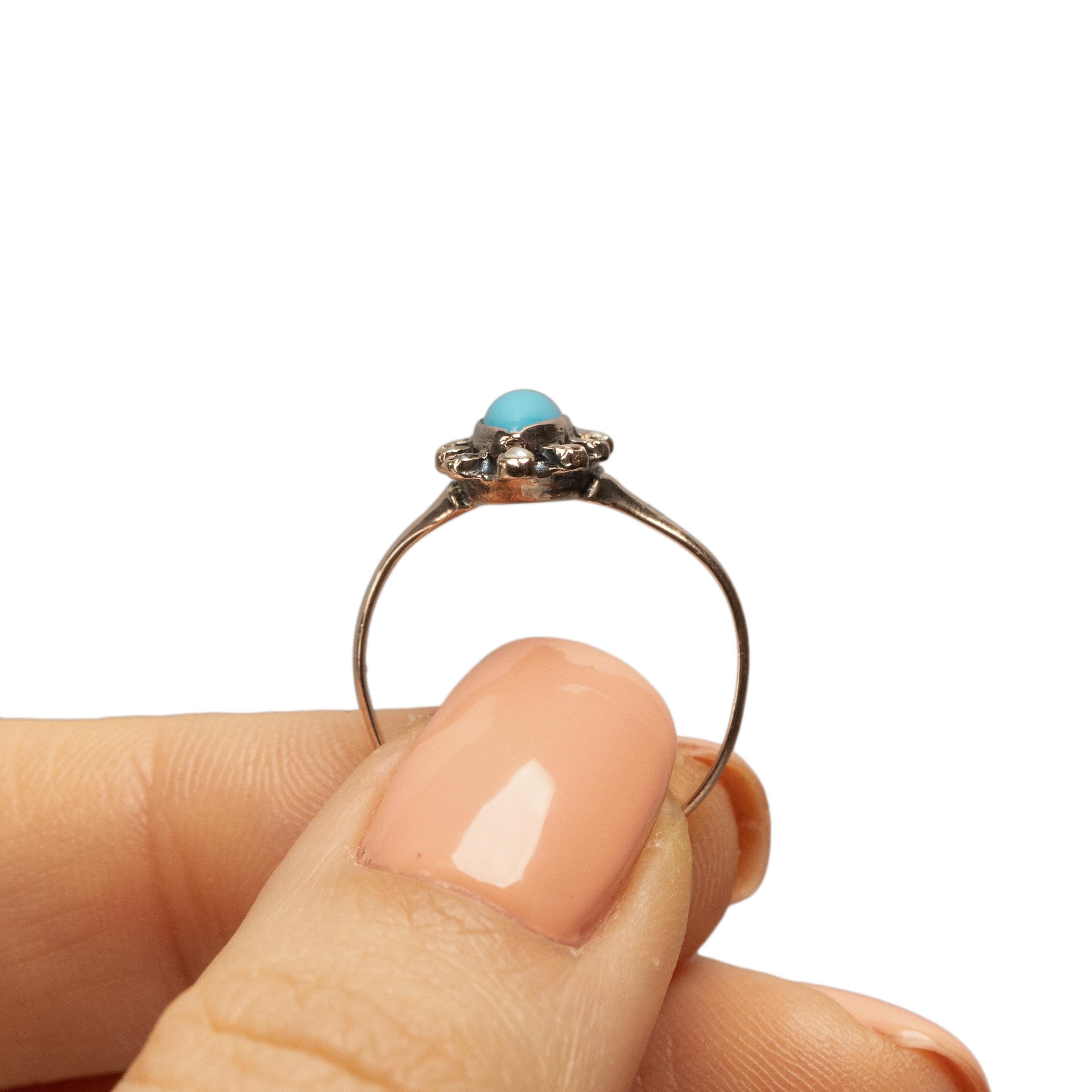 Bague victorienne en or 10 carats de style Navette avec marque de turquoise et perles de rocaille 3