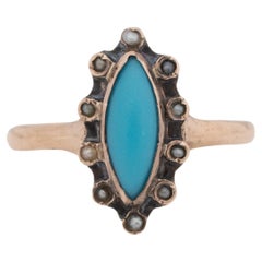 Victorian 10K Gold Vintage Navette Style Turquoise Marquee w/Seed Pearl Ring