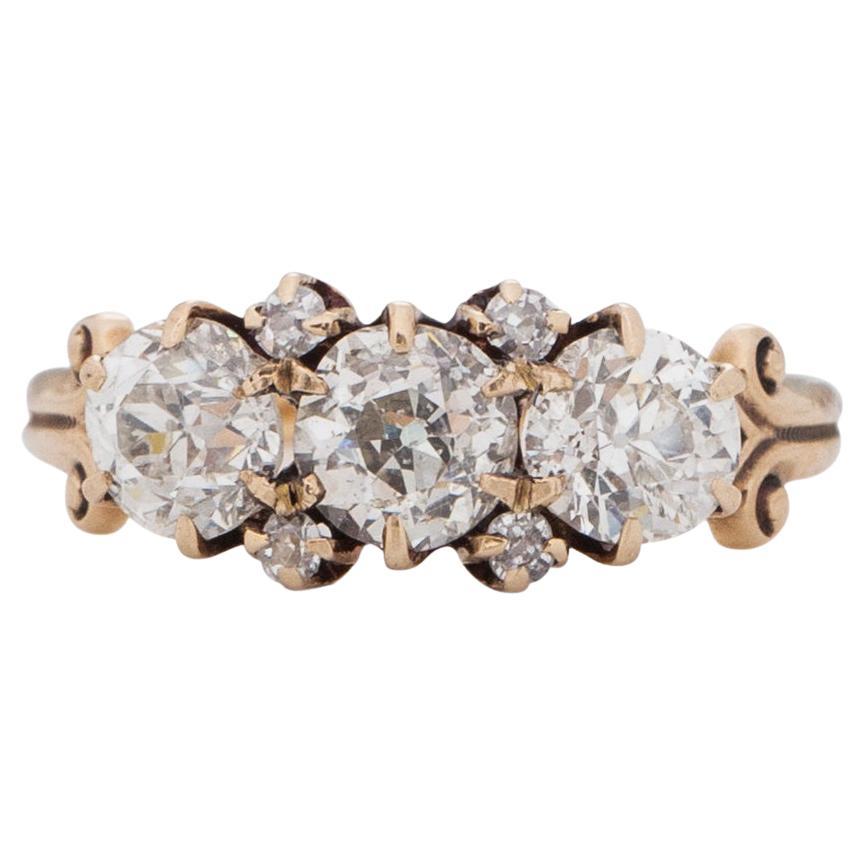 Victorian 10K Gold Vintage Three Stone Old European Cut Diamonds Engagement Ring