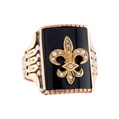 Victorian 10k Onyx & Pearl Fleur-De-Lis Ring