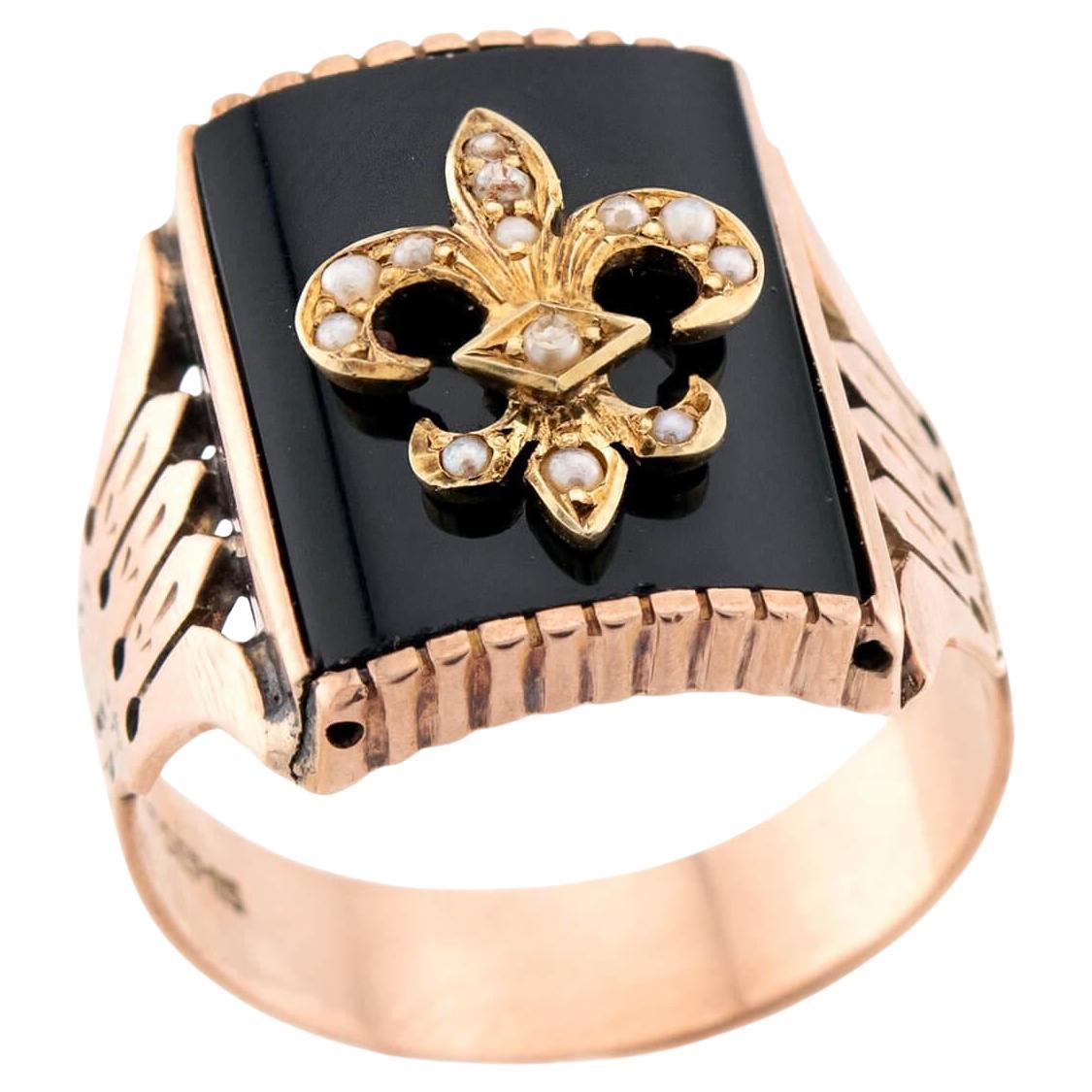 Victorian 10k Onyx 
Pearl Fleur-De-Lis Ring en venta