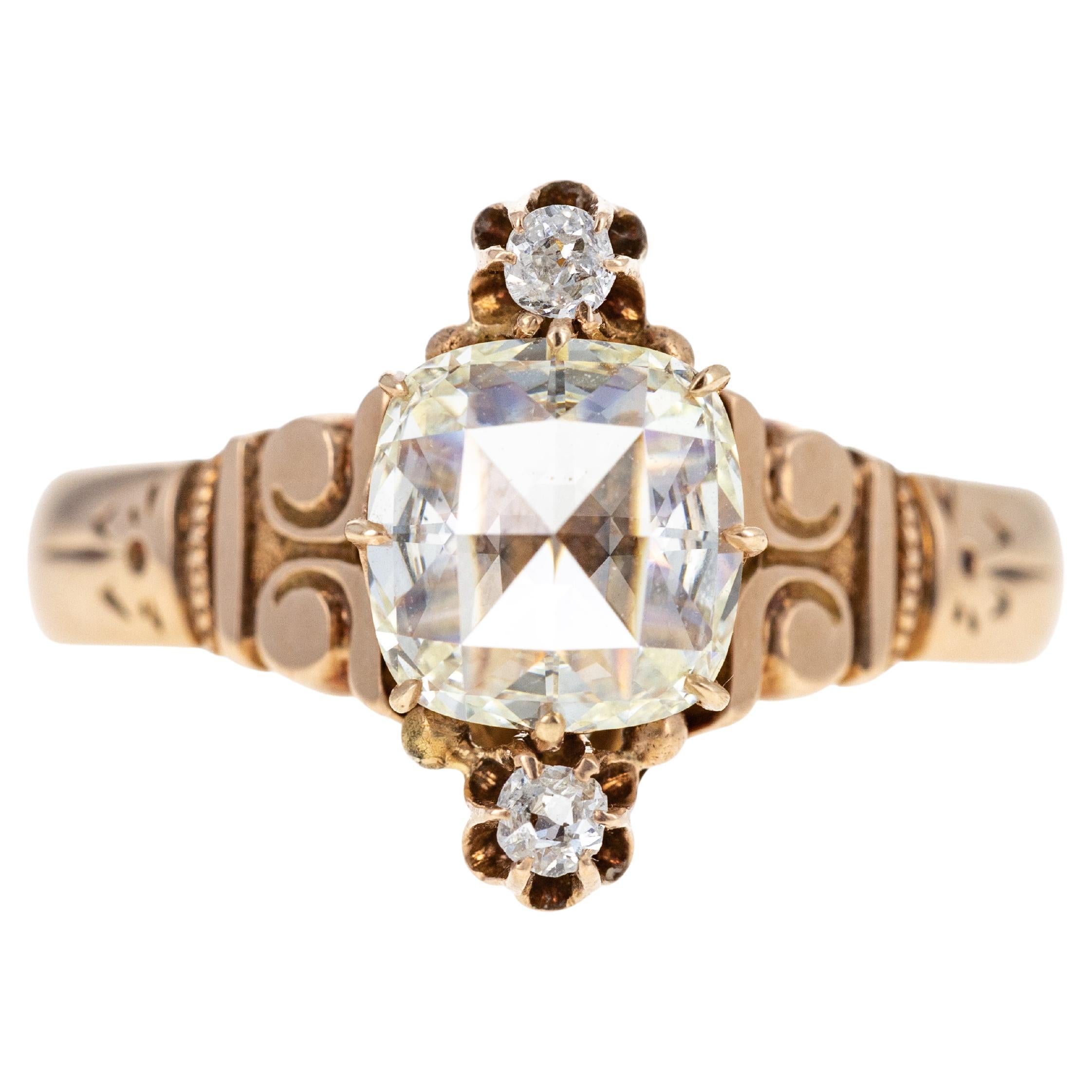 Victorian 10K Rose Gold 1.01 Carat Antique Cushion Rose Cut Diamond Ring