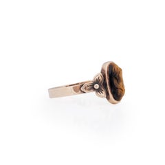 Victorian 10K Rose Gold Antique Tigers Eye Cameo w/Trillium Flower Shoulder Ring