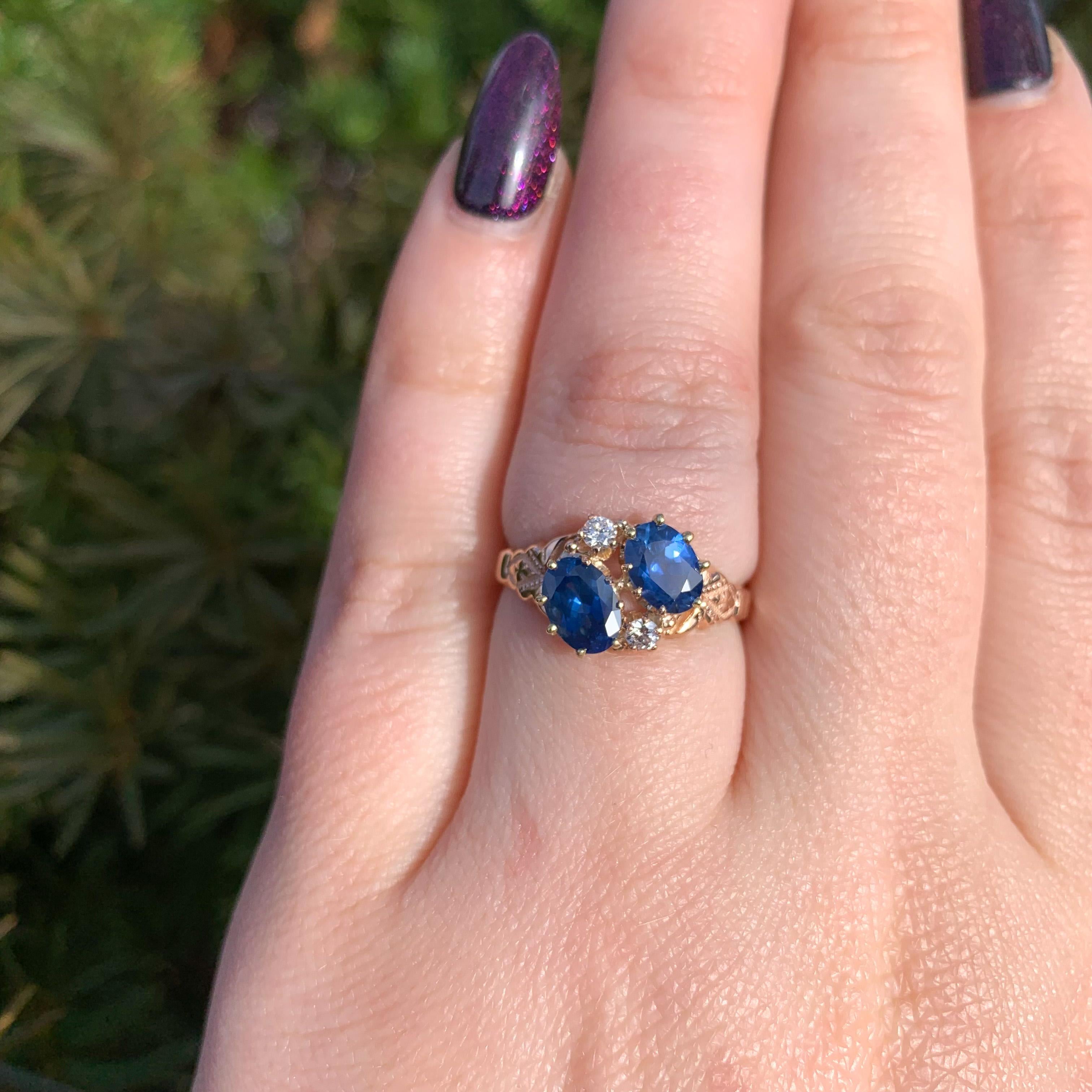 Viktorianischer Ring aus 10 Karat Roségold mit blauem Saphir und Diamant im Angebot 2