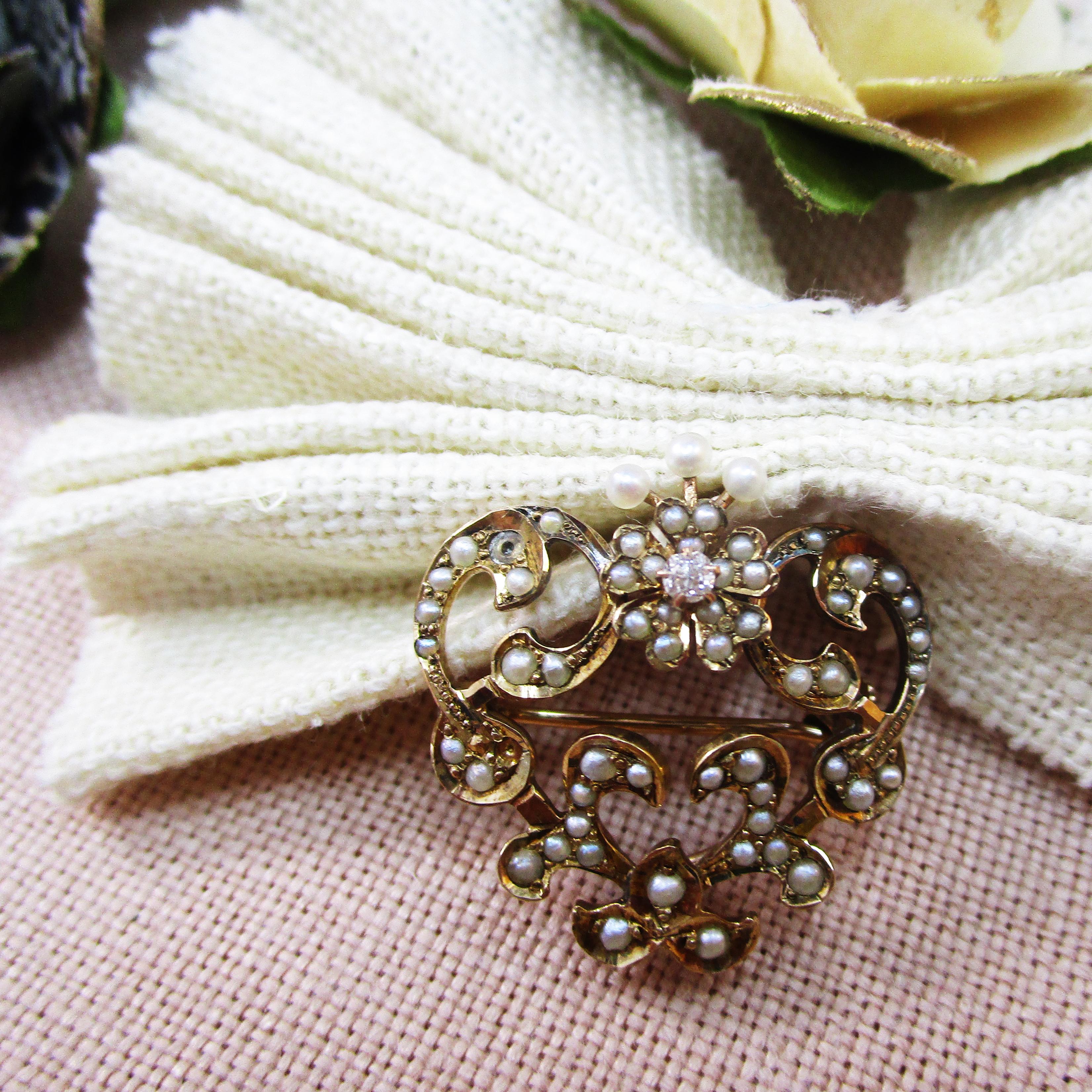 Victorian 10 Karat Rose Gold Heart Shape Seed Pearl and Diamond Pin Watch Holder 1