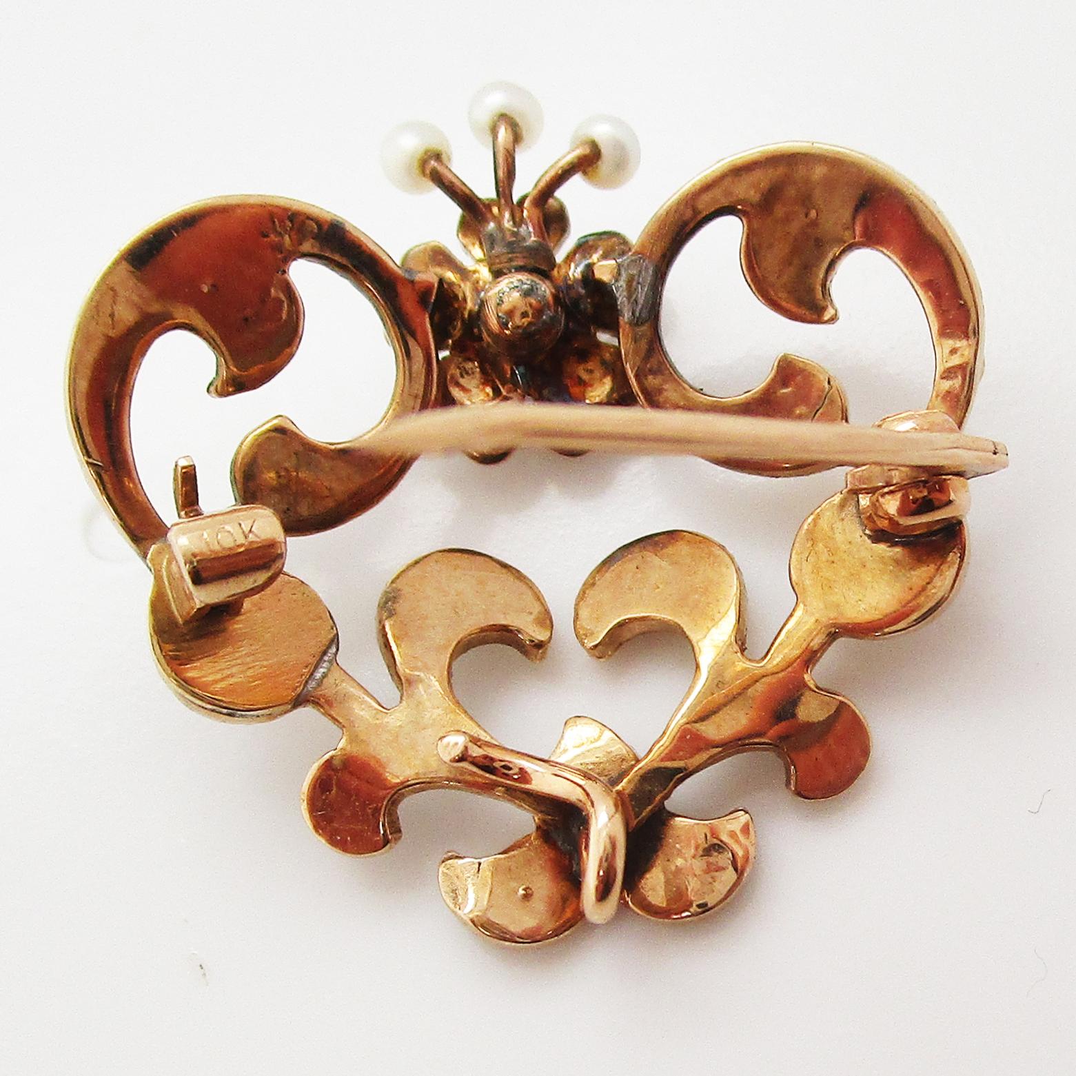 Victorian 10 Karat Rose Gold Heart Shape Seed Pearl and Diamond Pin Watch Holder 2