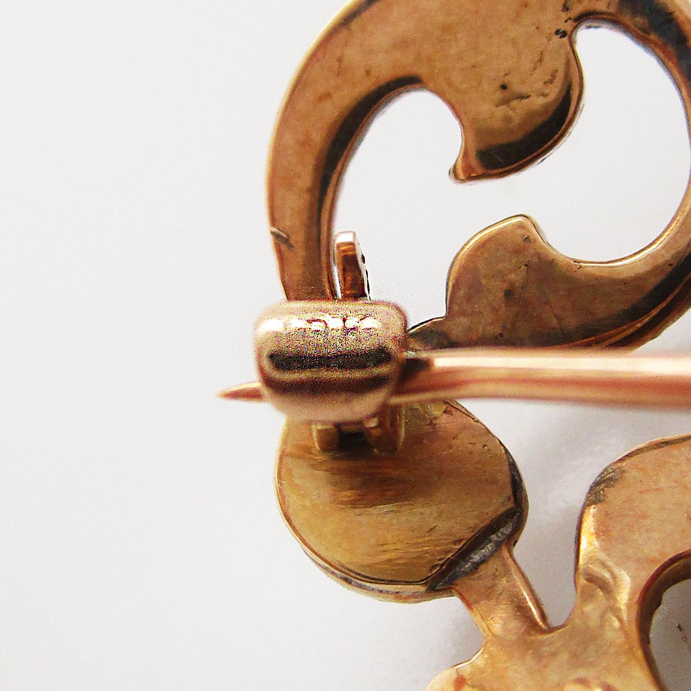 Victorian 10 Karat Rose Gold Heart Shape Seed Pearl and Diamond Pin Watch Holder 3