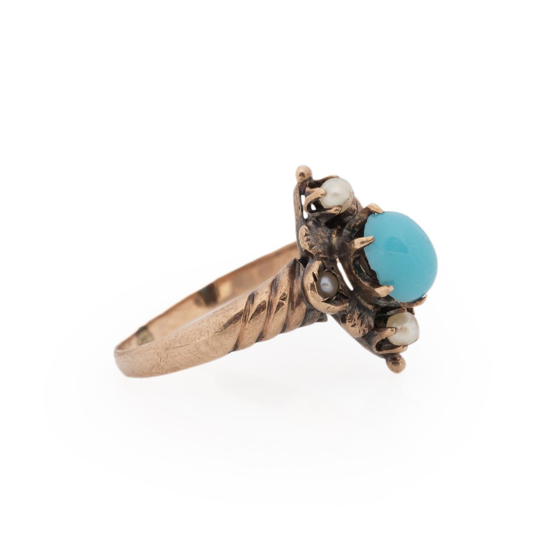 Cabochon Victorian 10K Rose Gold Turquoise and Seed Pearl North South Statement Ring