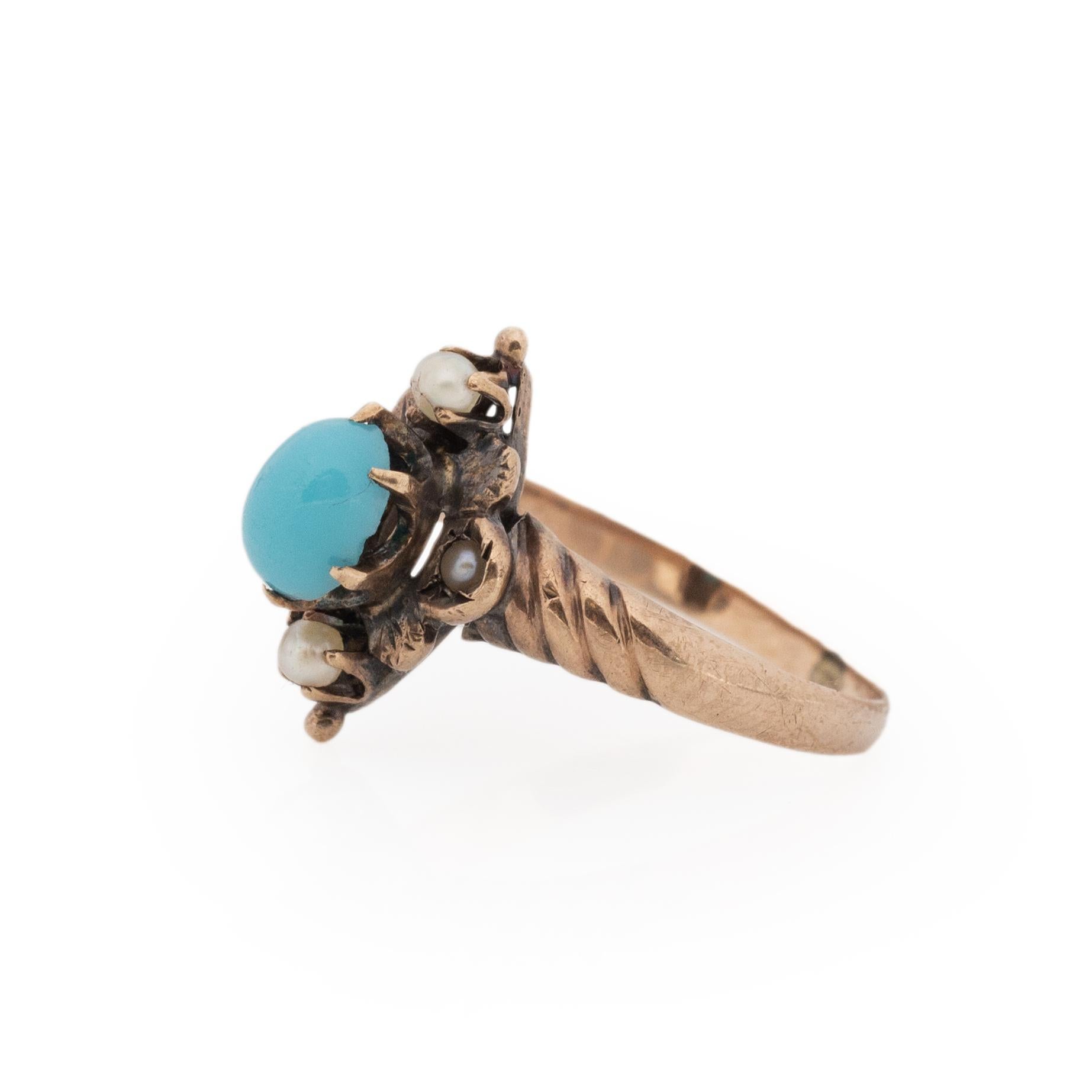 Victorian 10K Rose Gold Turquoise and Seed Pearl North South Statement Ring In Good Condition In Addison, TX