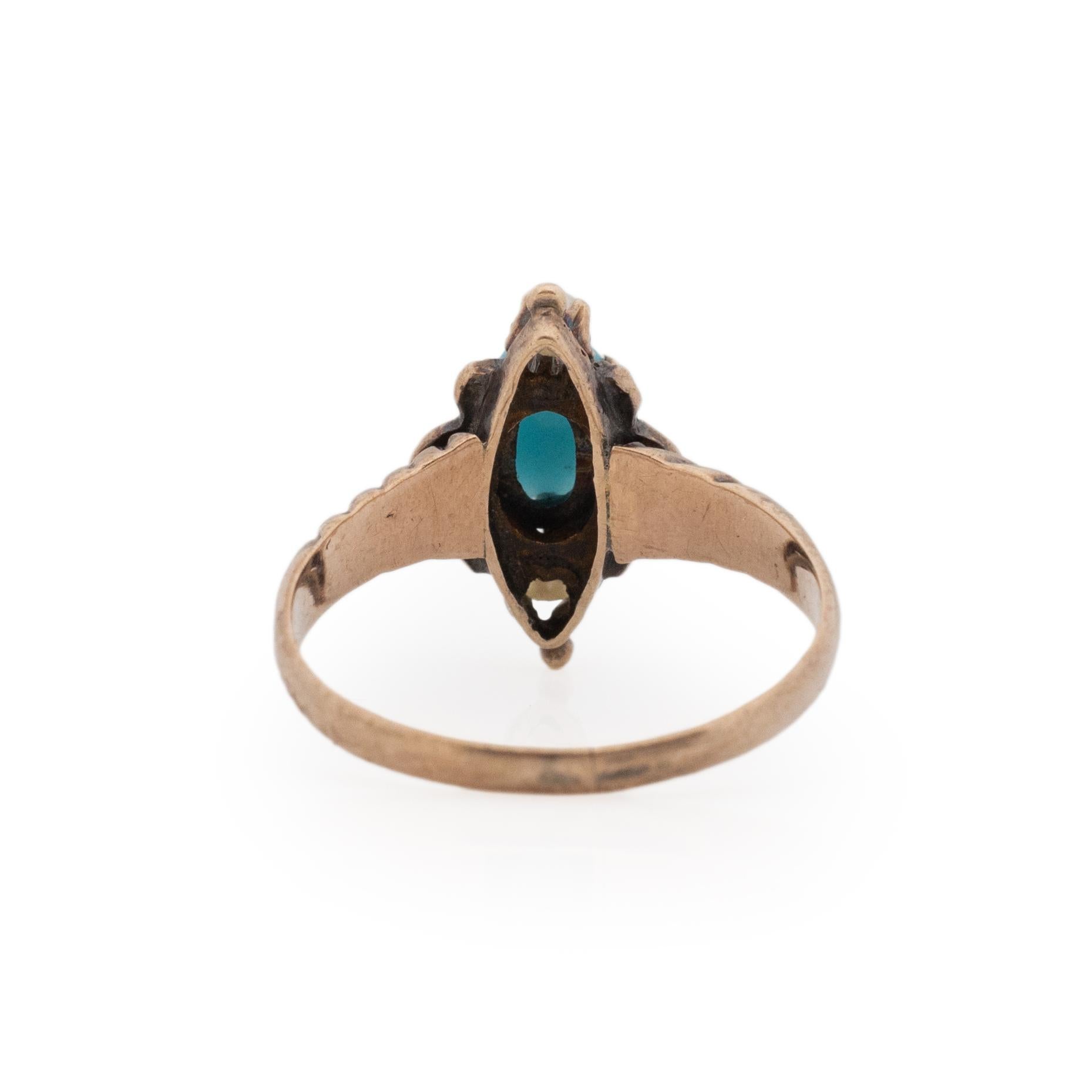 Women's or Men's Victorian 10K Rose Gold Turquoise and Seed Pearl North South Statement Ring