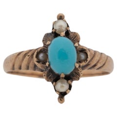 Victorian 10K Rose Gold Turquoise and Seed Pearl North South Statement Ring