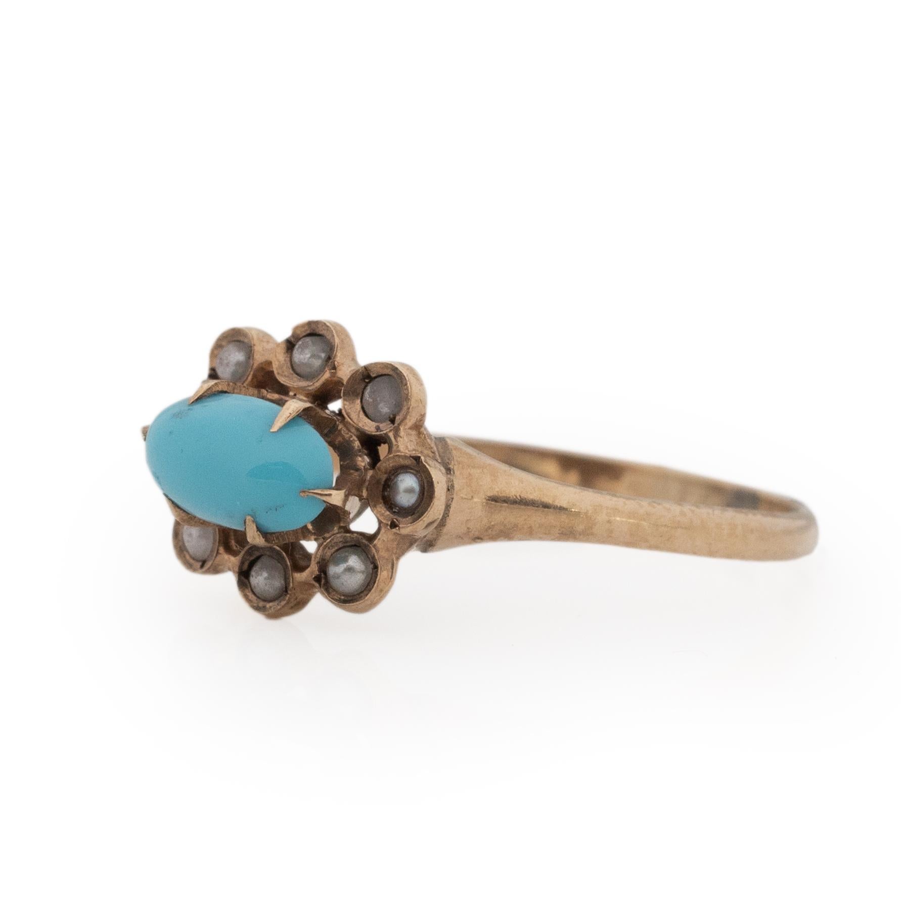 Women's or Men's Victorian 10K Rose Gold Turquoise Cabochon and Seed Pearl Halo Vintage Ring