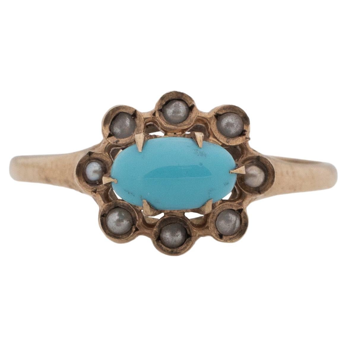 Victorian 10K Rose Gold Turquoise Cabochon and Seed Pearl Halo Vintage Ring
