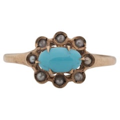 Victorian 10K Rose Gold Turquoise Cabochon and Seed Pearl Halo Vintage Ring