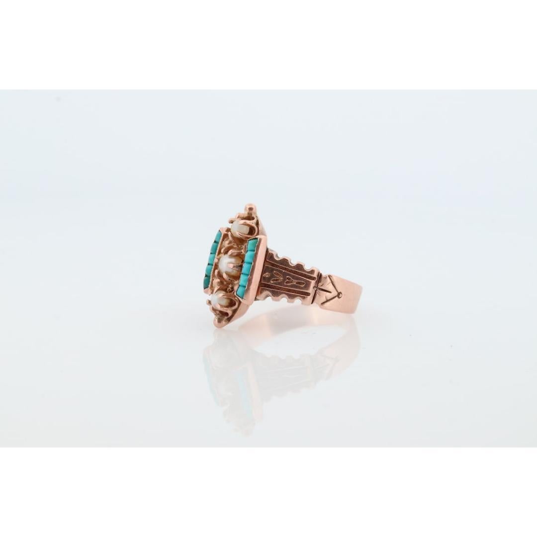 Vintage from the 19th century
Size: 5 1/2 US
Materials: Gold
Gemstone: Turquoise
Gem color: Blue

Style: Minimalist

Beautiful Victorian Ring. Turquoise and Pearl Channel and prong set into a 10k Flower ornate shank.

Absolutely