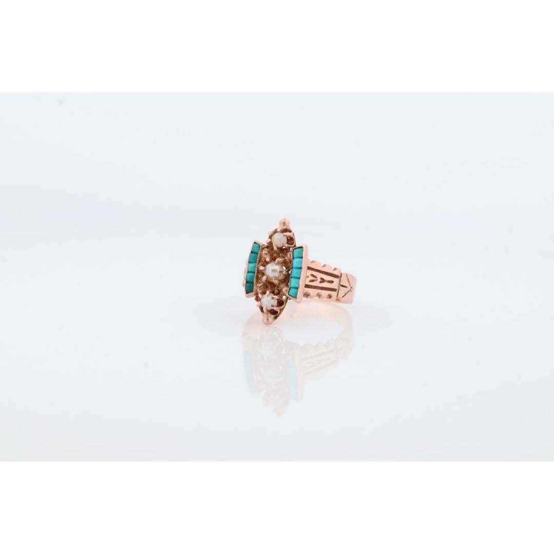 Victorian 10k Turquoise Cabochon and Pearl Pave Ring.10k Victorian ornate flower In Good Condition For Sale In Port Charlotte, FL