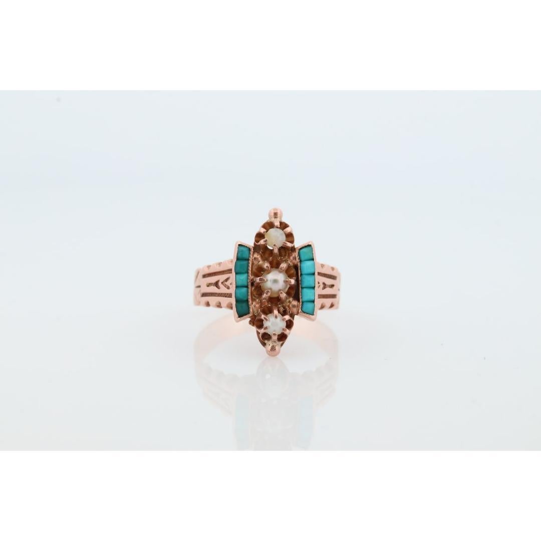 Women's or Men's Victorian 10k Turquoise Cabochon and Pearl Pave Ring.10k Victorian ornate flower For Sale