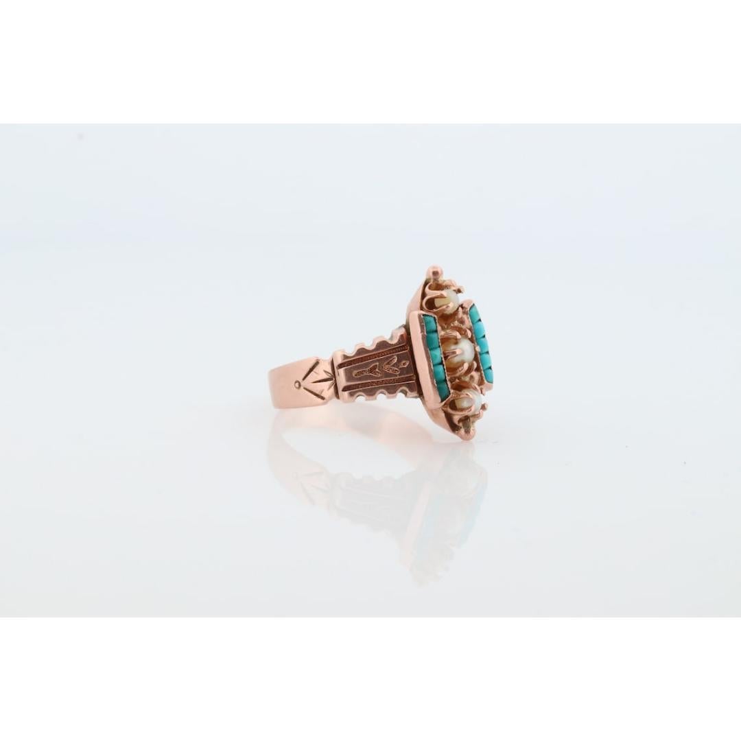 Victorian 10k Turquoise Cabochon and Pearl Pave Ring.10k Victorian ornate flower For Sale 1