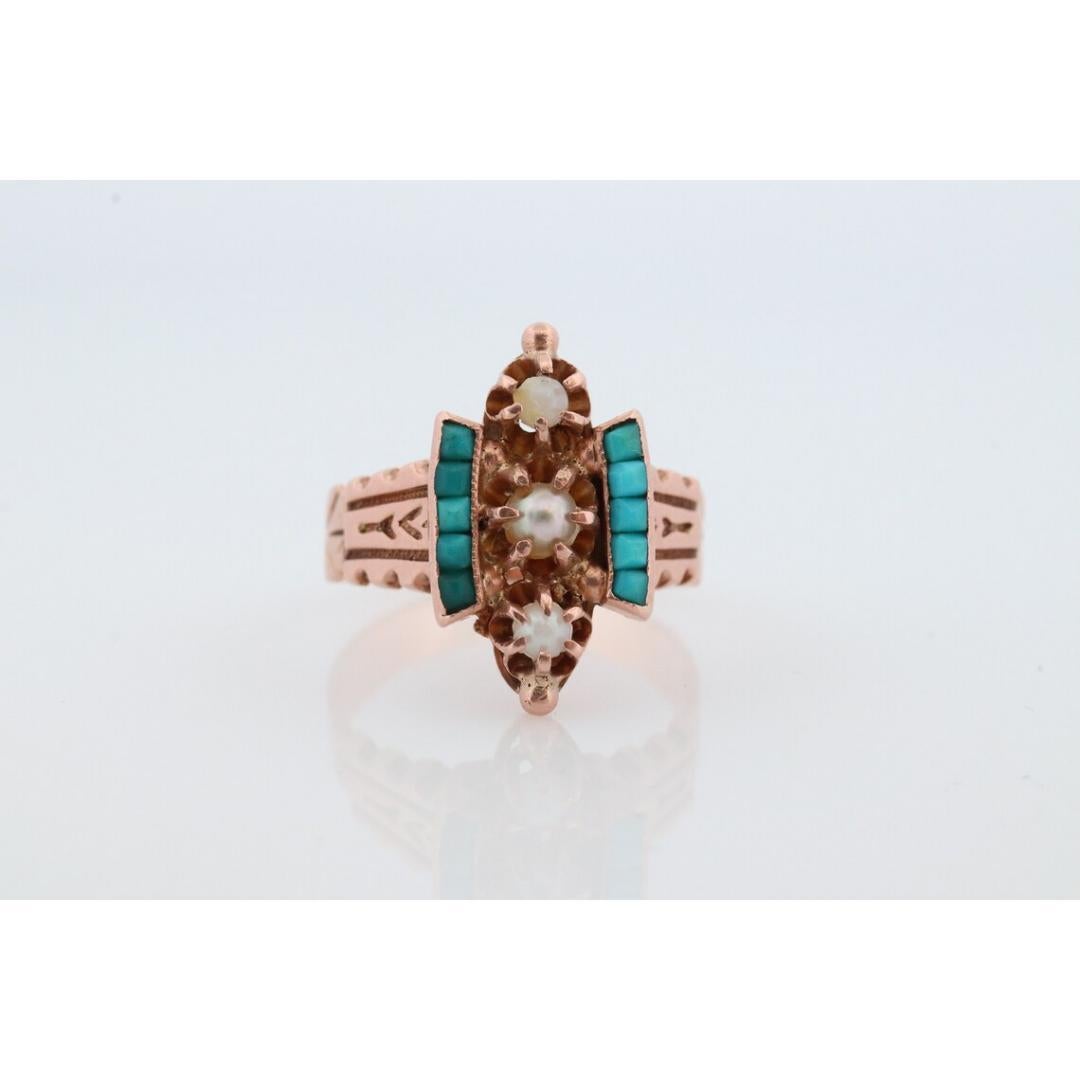Victorian 10k Turquoise Cabochon and Pearl Pave Ring.10k Victorian ornate flower For Sale 3