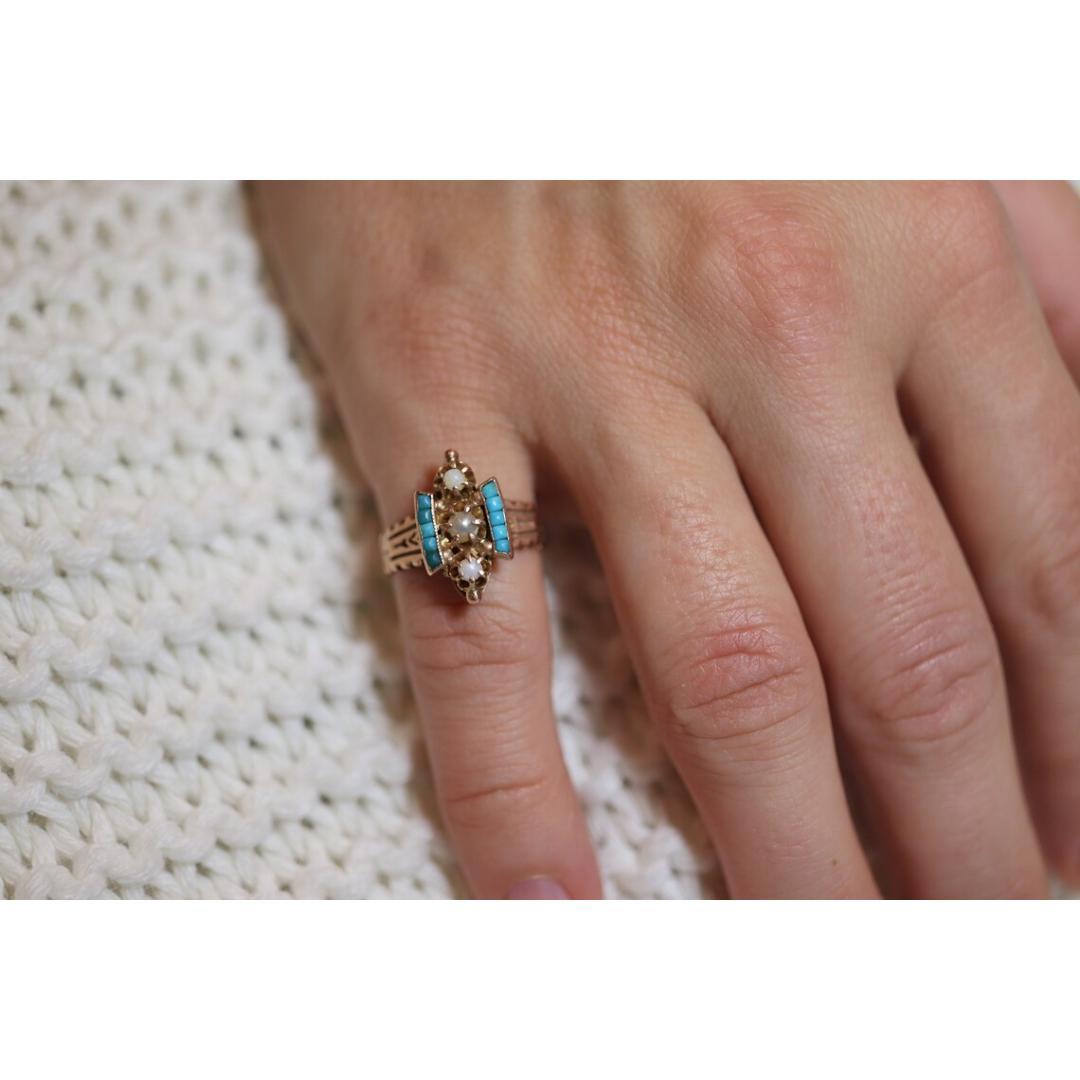 Victorian 10k Turquoise Cabochon and Pearl Pave Ring.10k Victorian ornate flower For Sale 4