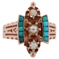 Victorian 10k Turquoise Cabochon and Pearl Pave Ring.10k Victorian ornate flower