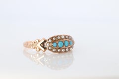 Victorian 10k Turquoise Cabochon and Pearl Seed Ring. 10k Victorian flower ring.