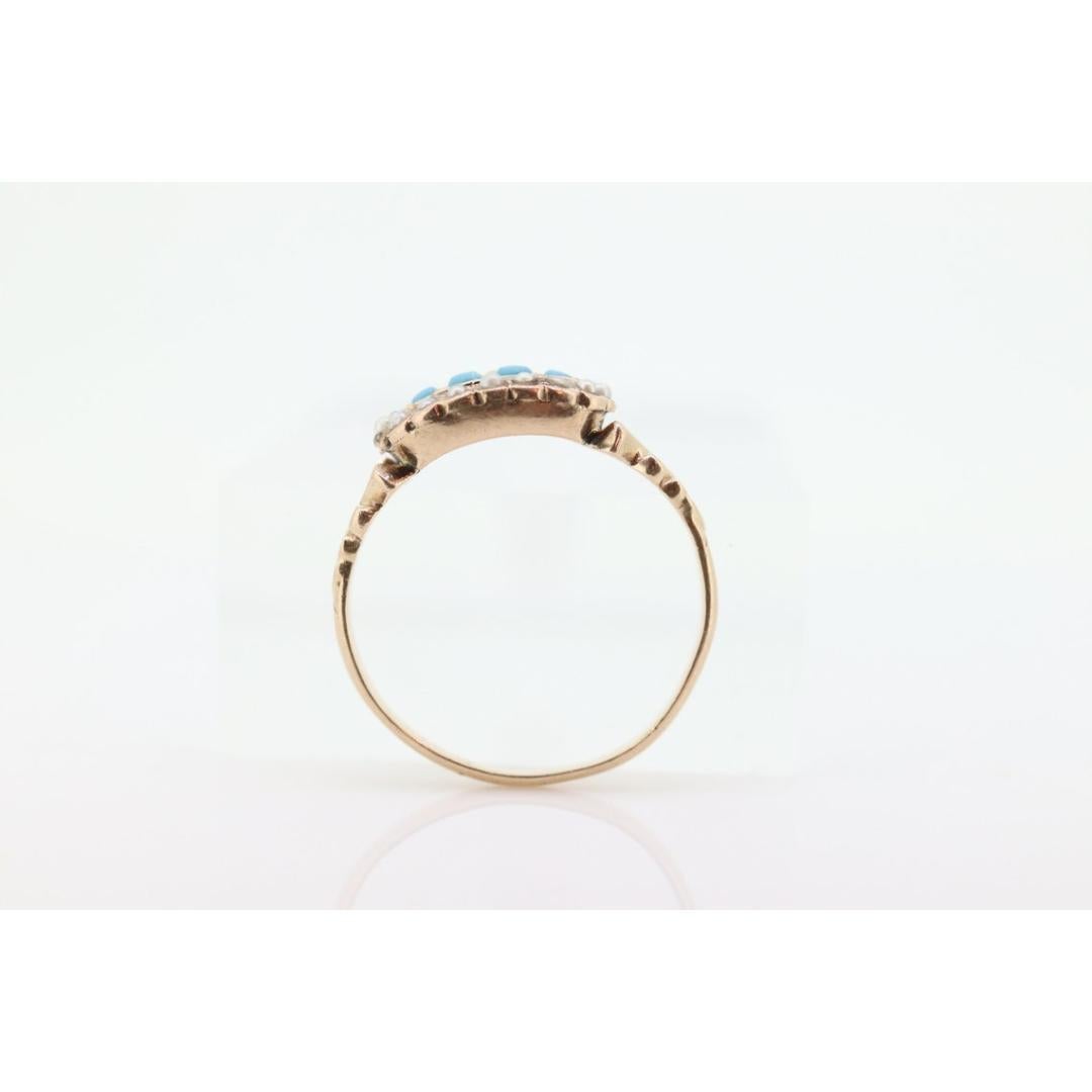 Women's or Men's Victorian 10k Turquoise Cabochon and Pearl Seed Ring. 10k Victorian ornate For Sale